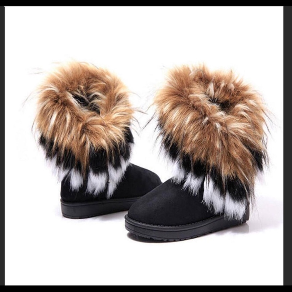 Black faux suede faux furry trim fuzzy boots - Picture 3 of 11